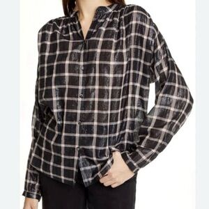 La Vie Rebecca Taylor Black Plaid Lamé Button Down Shirt Sz M Shiny Long Sleeve